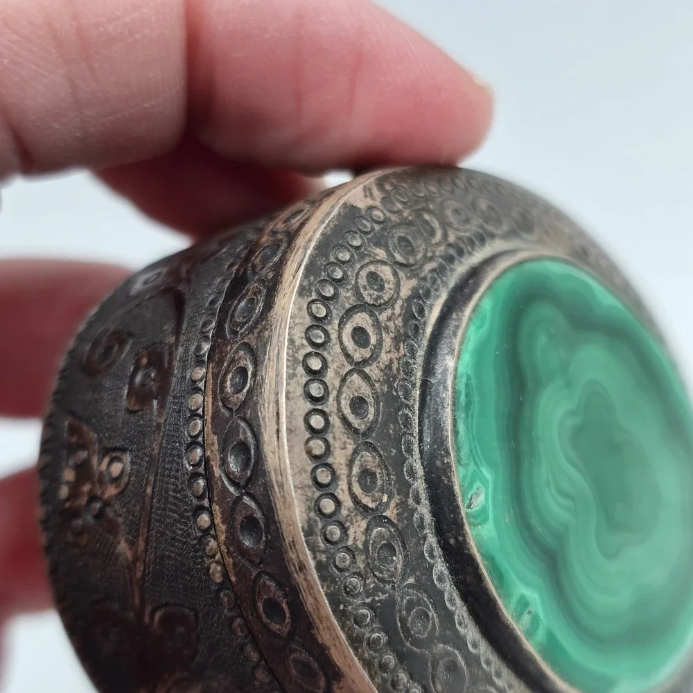 Vintage Antique Sterling Silver Malachite Stone Trinket Box‎